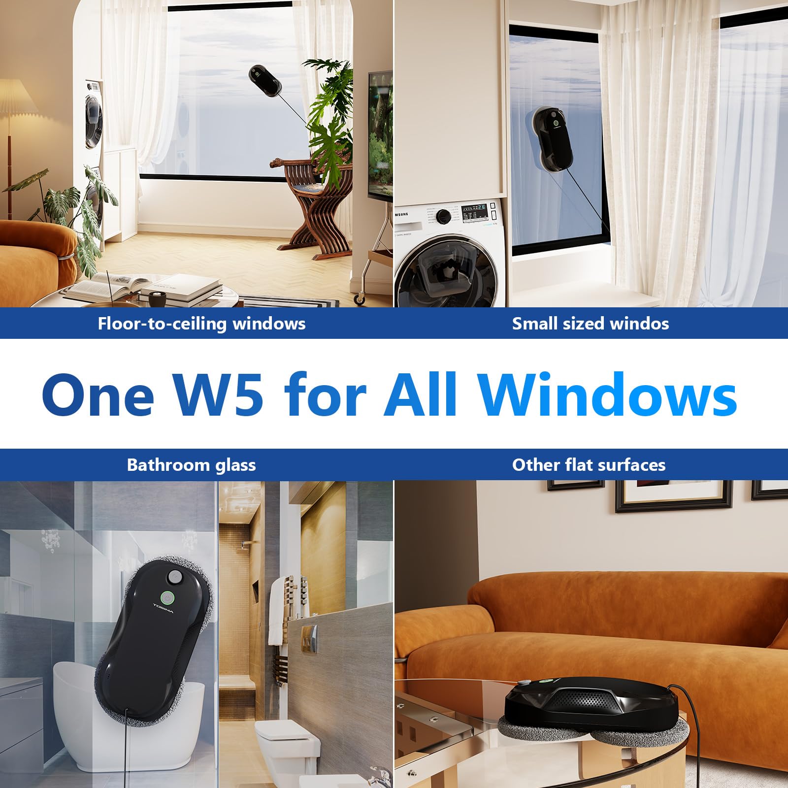 Tosima W5 Robot Limpiacristales, Limpiacristales Inteligente con Pulverización Automática de Doble Dirección con Triple Sistema de Seguridad, Navegación Inteligente, Control Remoto, para Todas Las Superficies Lisas, con 8 Trapos, Negro