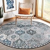 Lahome Moroccan Trellis Round Rug, 5ft, Blue, Faux Wool, Machine Wash, Non-Slip Backing, Low Pile, Floral Pattern, Area Rug f
