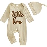 Kavousa Newborn Baby Boys Romper Long Sleeve Little Brother Letter Print Ribbed Bodysuit Jumpsuit Infant Coming Home Outfit