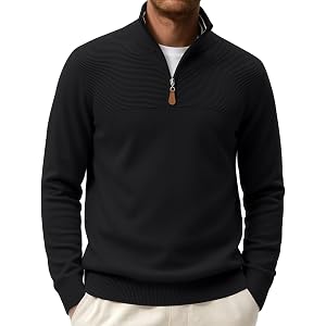 COOFANDY Men's Quarter Zip Sweater Casual Lightweight Knit Pullover Sweater | Striped Mock Neck 1/4 Zipper, Leather 3/4 Zip U