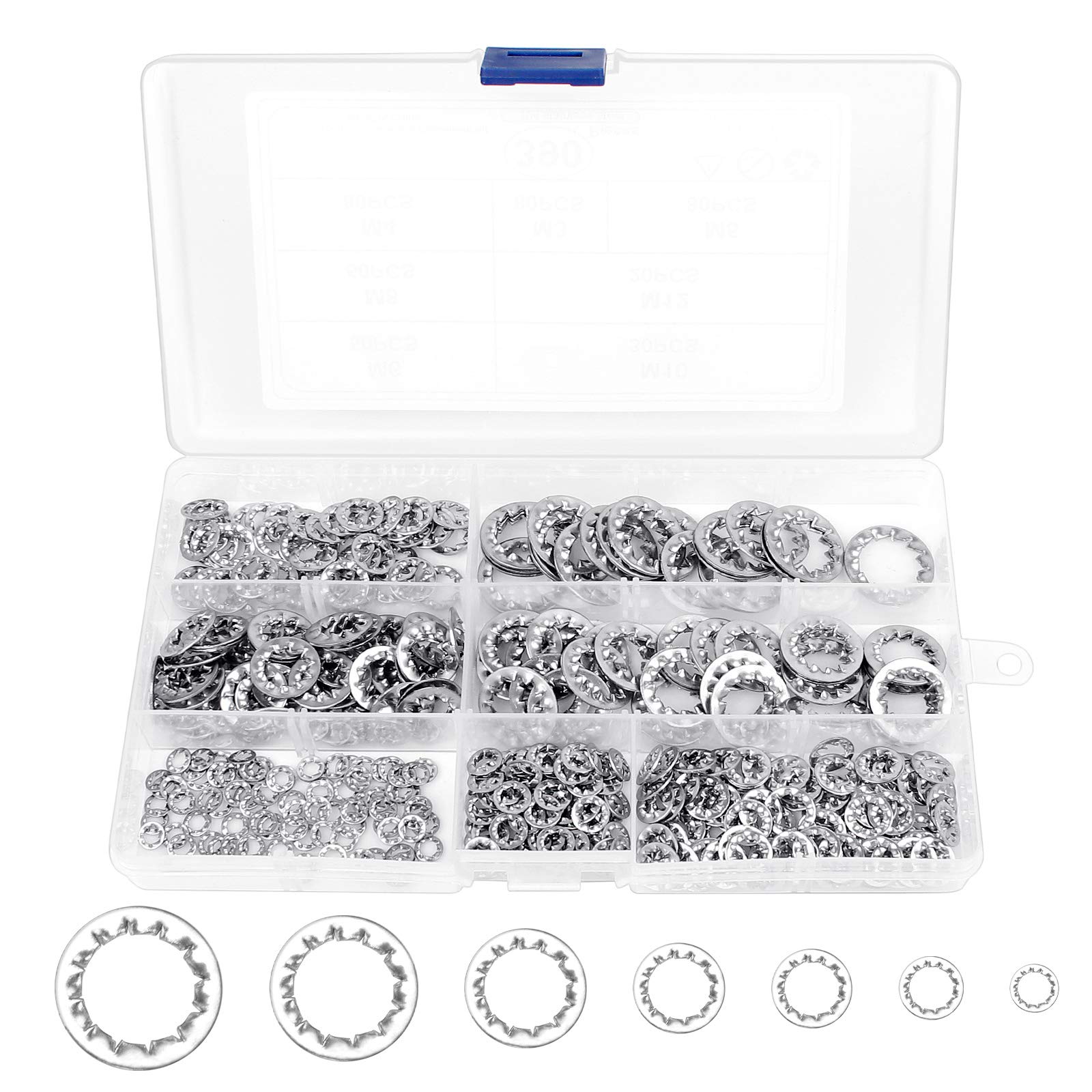 Iyowei 390 PCS Stainless Steel Internal Star Tooth Lock Washers M3/M4/M5/M6/M8/M10/M12 Quick Speed Locking Washer Assortment Kit