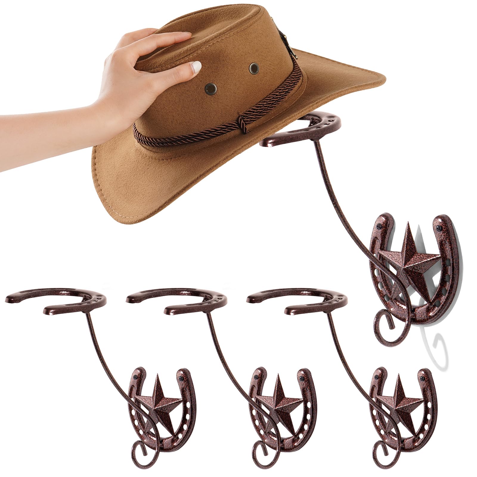 Photo 1 of HYDERMUS Cowboy Hat Organizer Rack for Wall 4 Pack Metal Cowboy Hat Holder Wall Mounted Iron Western Wall Decor Horseshoe Hat Hanger for Storage and Display at Closet Bedroom Living Room