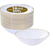 I00000 16 Oz 30 Count White Disposable Soup Bowls with Gold Rim, Plastic Bowls Disposable Premium Heavyweight Elegant Plastic Salad Bowl for Party