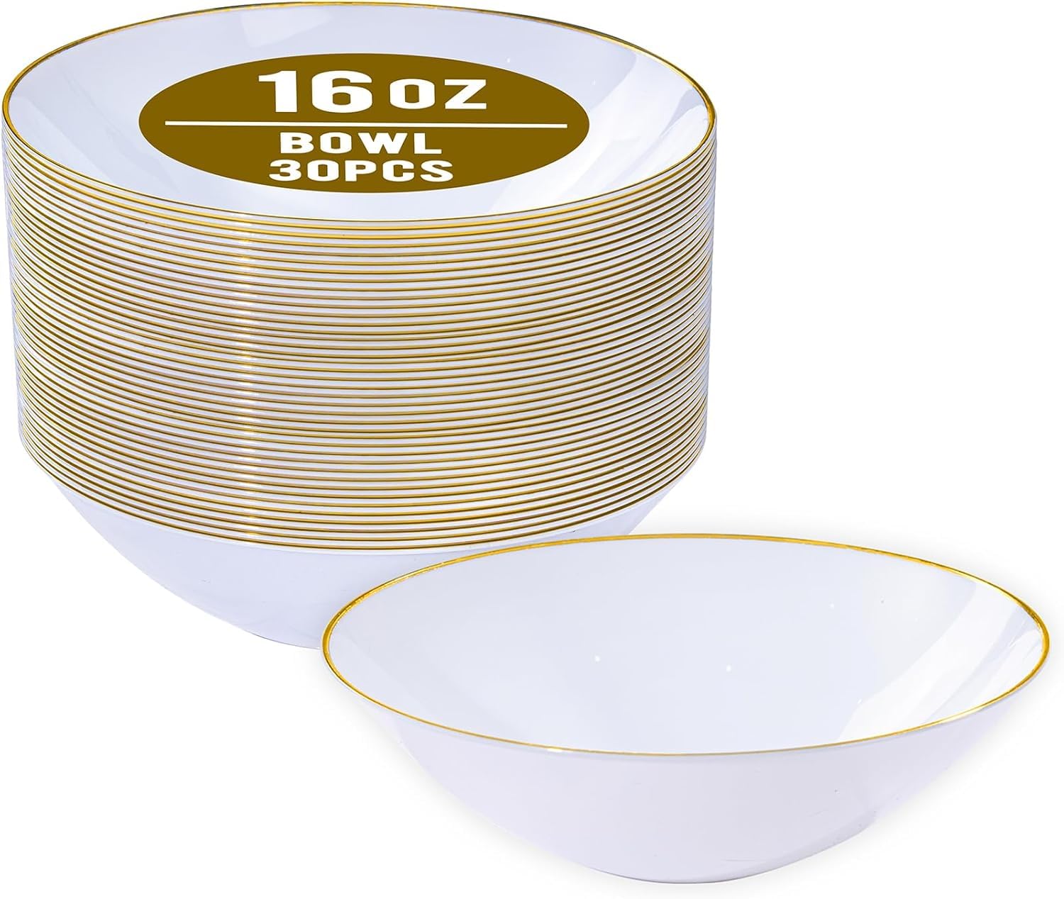 Photo 1 of  16 OZ White Disposable Soup Bowls with Gold Rim, Plastic Bowls Disposable Premium Heavyweight Elegant Plastic Salad Bowl for Party