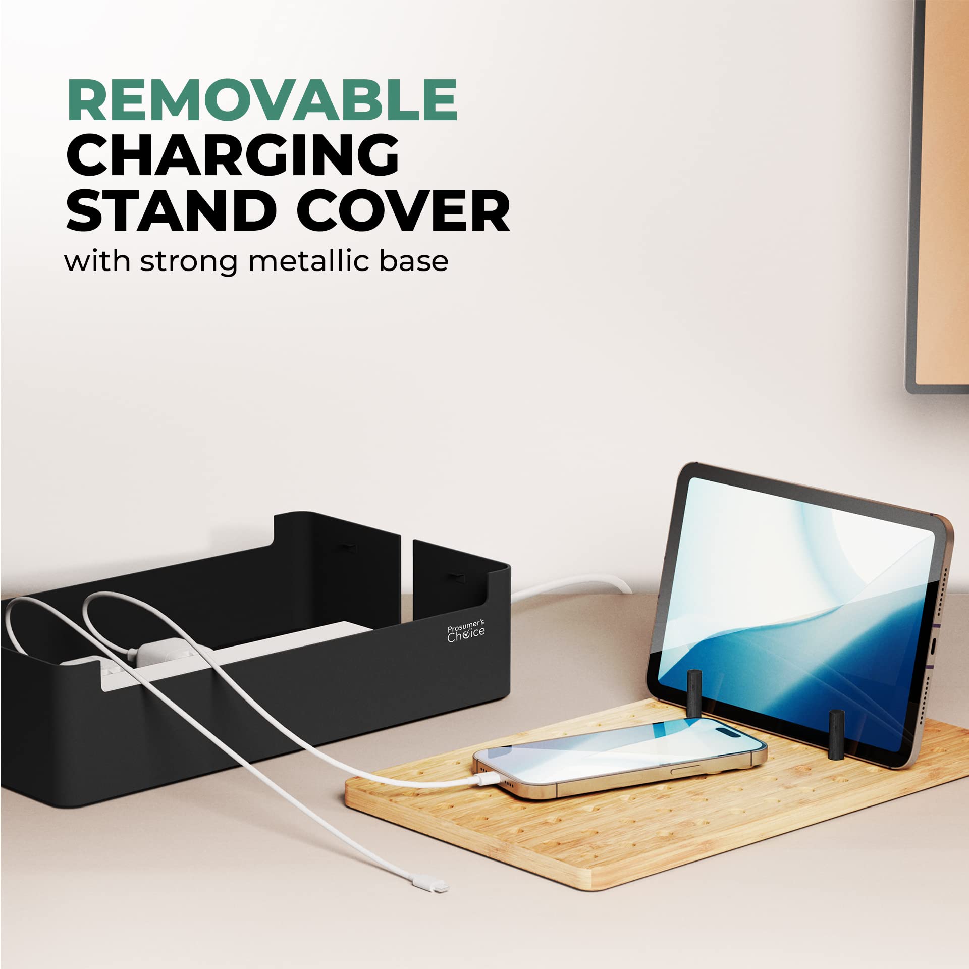 Prosumer's Choice Black Wooden Charging Station Organizer for Multiple Devices - Cable Management Box with 5 Slots and Removable Dividers - Charger Organizer for Phone, Tablet, Home, Office, 12