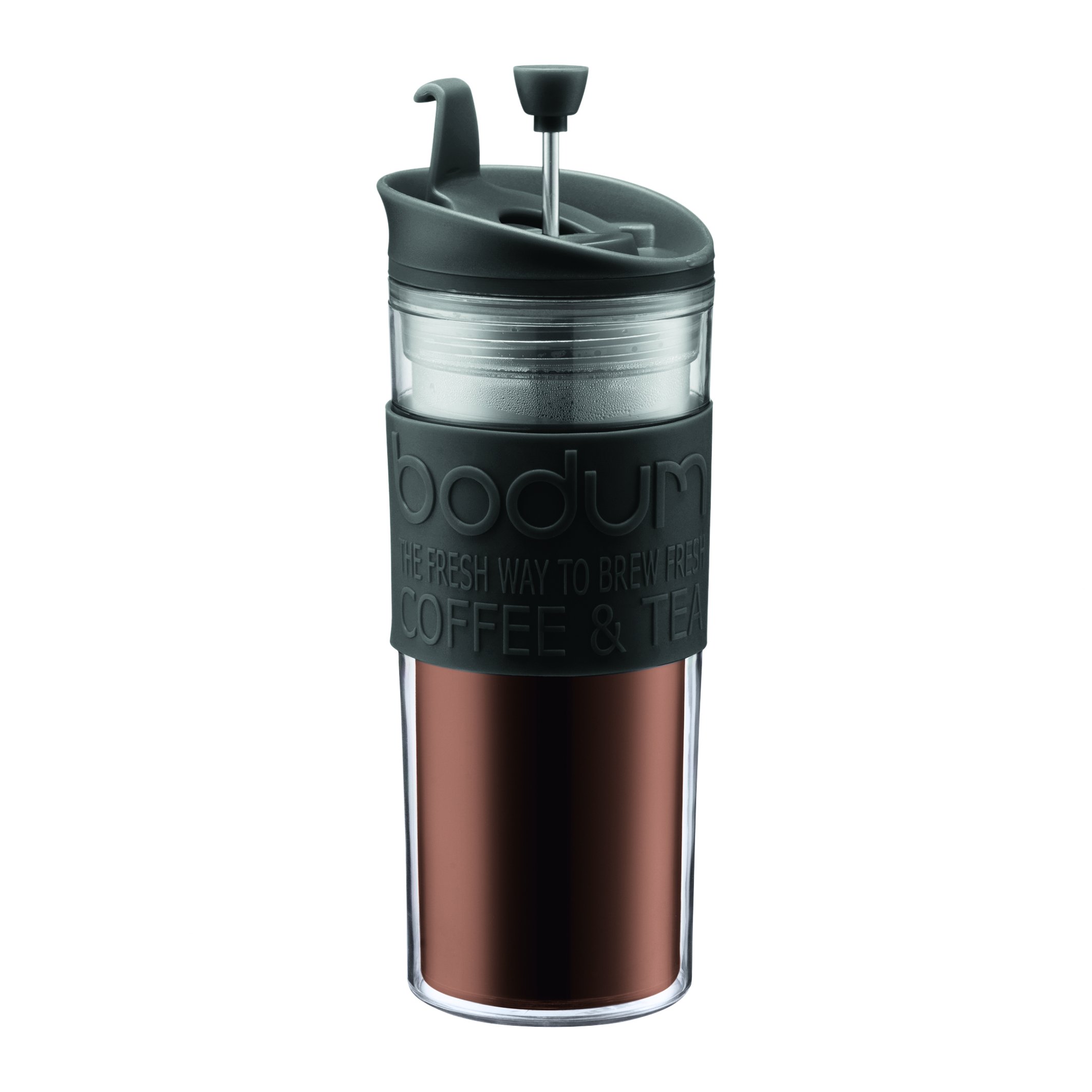 BODUM 11100-01BUS Tea and Coffee Press, Plastic Insulated Travel Mug, Black, 15 Ounce, 15 oz
