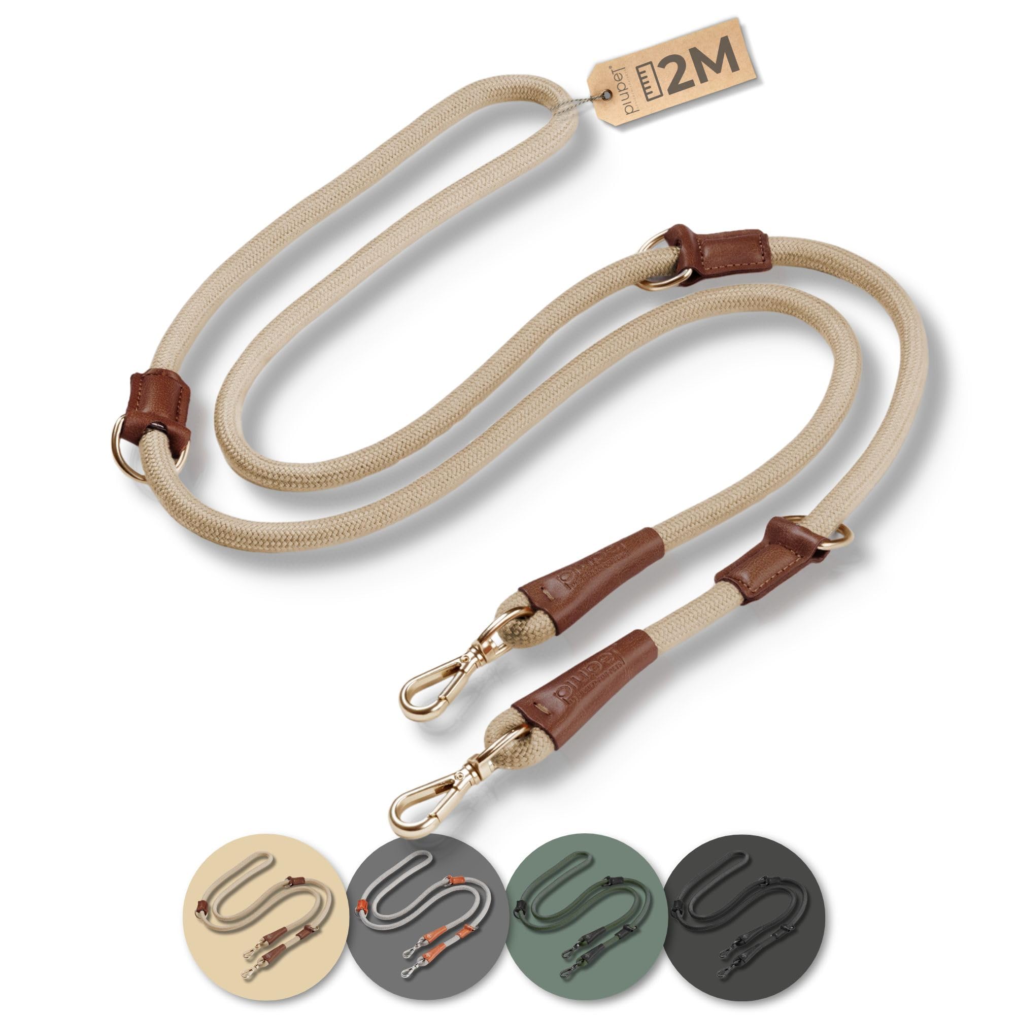PiuPet® Dog leash 2m I 3 positions adjustable I Leash for large and small dogs I Dog training leads I Dog lead I Dog leads | Dog camping accessories | Dog leads for medium dogs | Training lead (Beige)