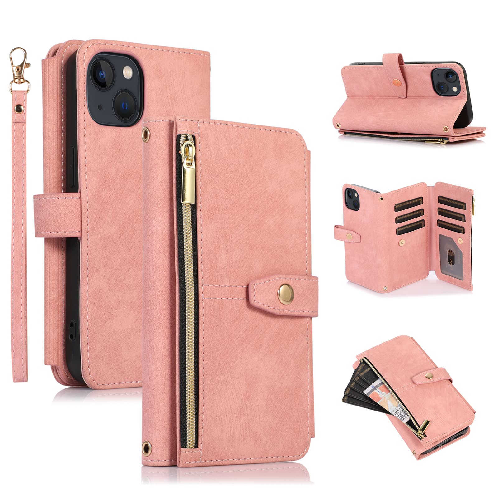 UEEBAI Crossbody Wallet Case for iPhone 14 6.1 inch, 9 Card Slots Magnetic Zipper Cover Adjustable Detachable Lanyard Strap Flip Case with Hand Strap Kickstand Case - Rose Gold