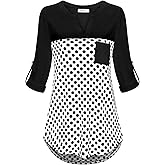 MOQIVGI Womens Roll Up Long Sleeve V Neck Patchwork Blouse Shirt Tops