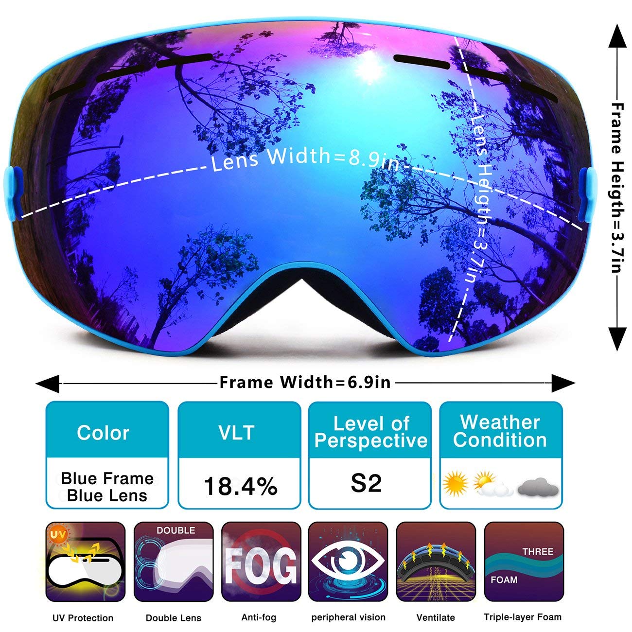 TUONROAD Skibrille, Schneebrille, Snowboardbrille, Snowboard Wintersport Brille, Doppel-Objektiv UV-Schutz Anti-Nebel für Herren Damen Jungen Skifahren Snowboarden Snowmoblie