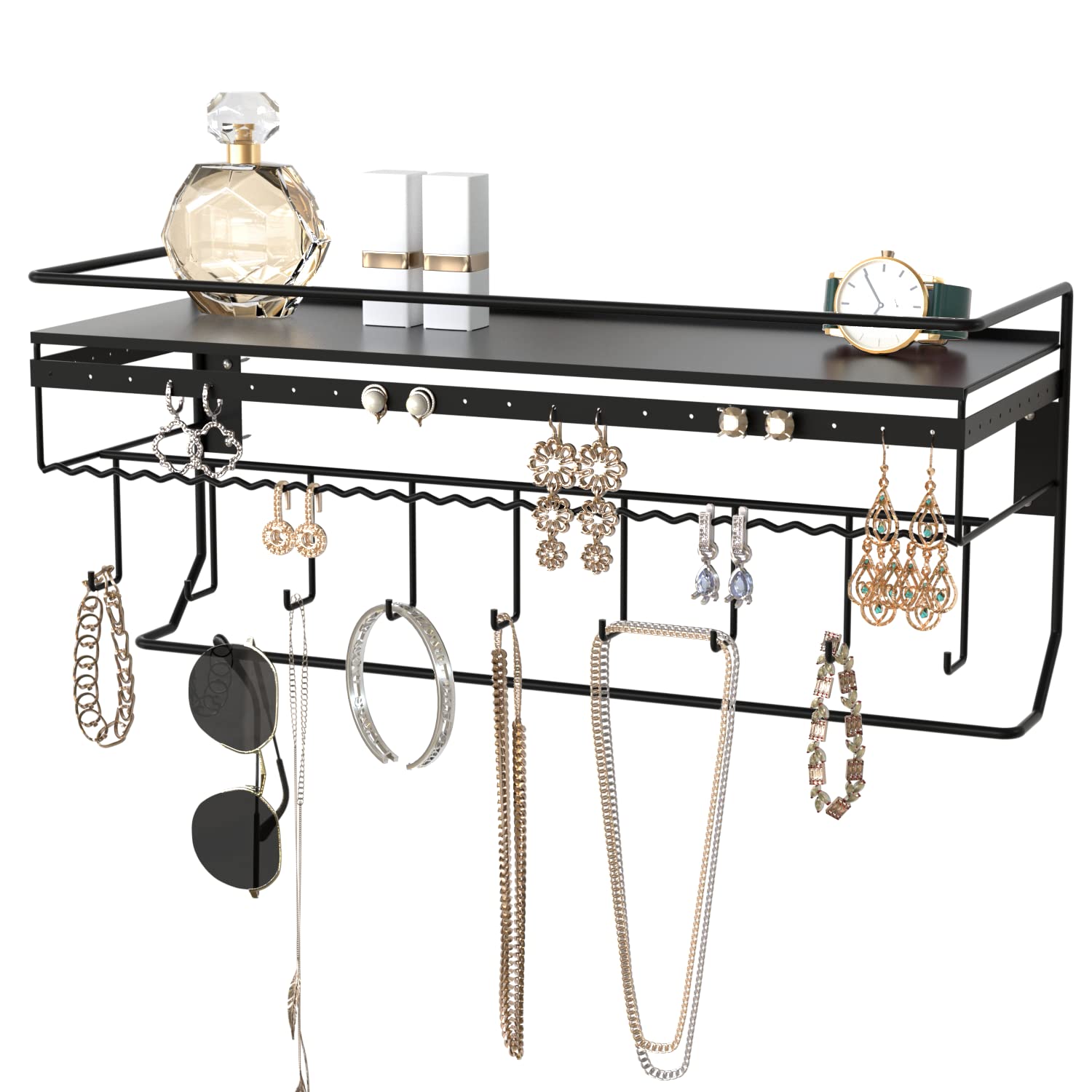 JackCubeDesign Wall Mounted classic Black Iron Designer made Cosmetics Storage Shelf w/Necklace Jewellery Organiser Shelf Earrings Holder – :MK238A