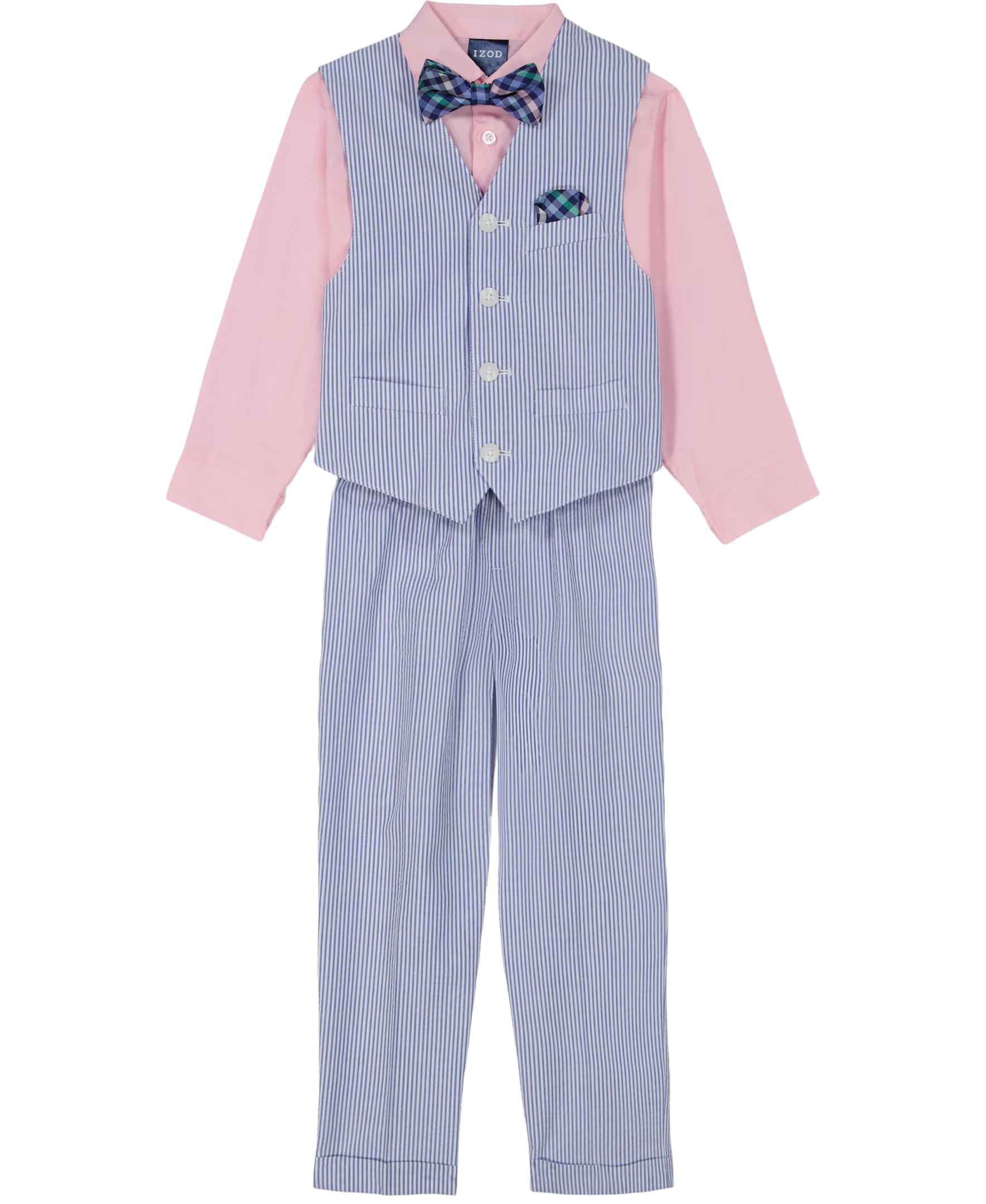 IZOD Boys' 4-Piece Formal Dress Up Suit Set, Vest, Pants, Collared Shirt, and Tie, Blue Seersucker Image
