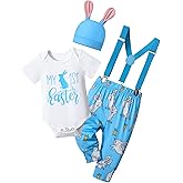AGAPENG Baby Boy Easter Outfit My First Easter Outfit Infant Short Sleeve Romper Bunny Suspender Pants Rabbit Ears Hat