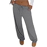 WDIRARA Women's Striped Drawstring Elastic Waist Pants Wide Leg Loose Lounge Pants