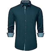 HISDERN Mens Business Dress Shirts Long Sleeve Casual Button Down Shirt Formal Inner Collar Contrast Shirt for Men Wedding
