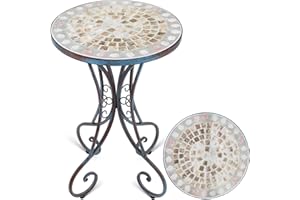 Frstem Mosaic Patio Table and Plant Stand, Outdoor Side Table for Patio with 14" Ceramic Tile Top, Weather Resistant Metal Round End Table Accent Table for Yard Porch Balcony Garden Bedside, Seashell