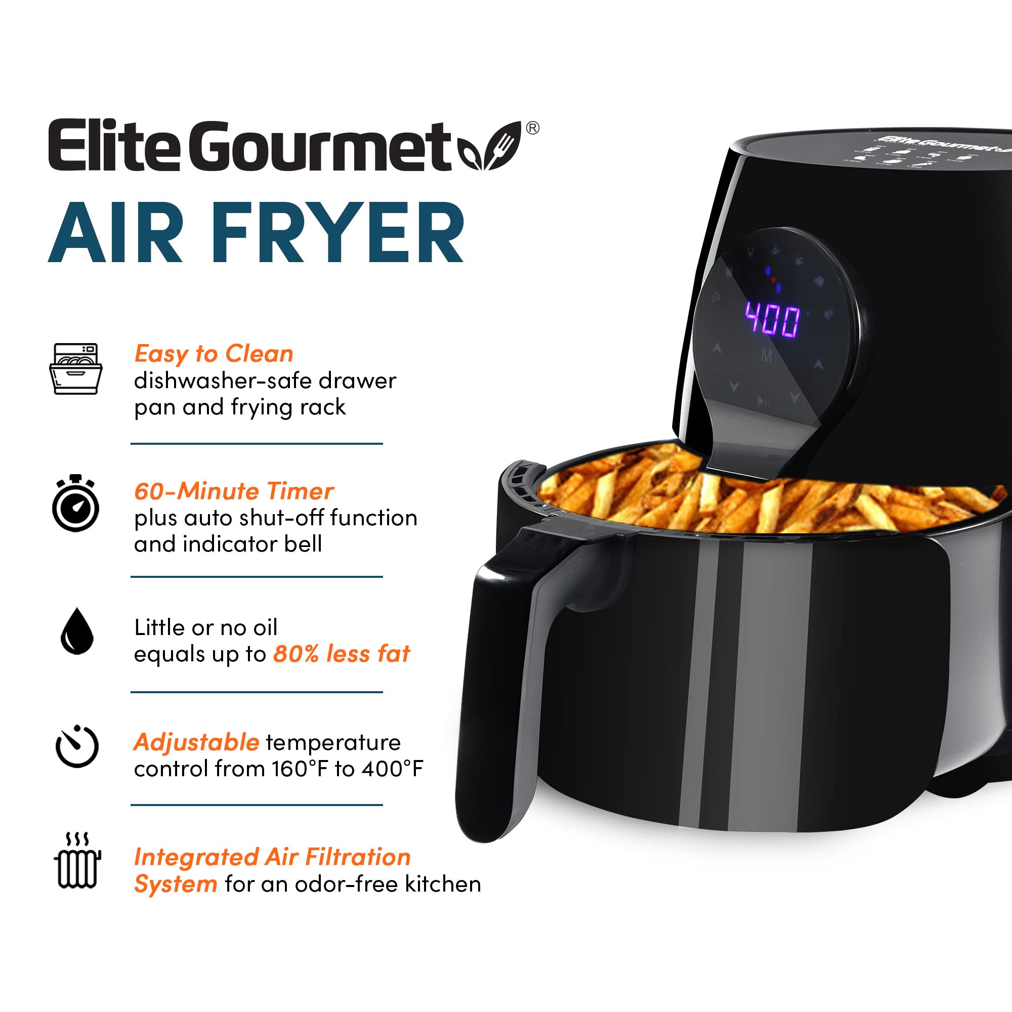 Elite Gourmet EAF5317D Freidora digital de aire caliente de 5,3 cuartos de galón, 7 funciones de menú, cocina saludable sin aceite de 1350 W, temporizador y controles de temperatura, sin PFOA/PTFE, color negro