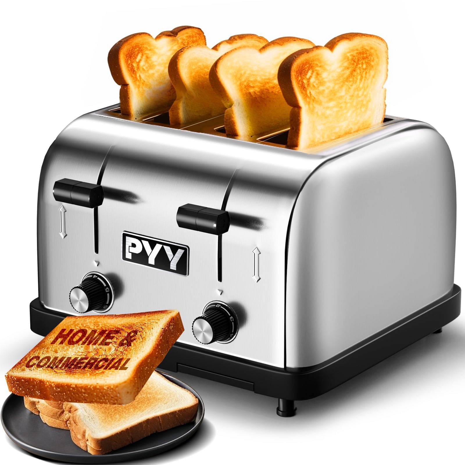PYY Tostadora Comercial 4 Rebanadas - 225 Rebanadas/Hora Tostadora de Pan Plateada de Acero Inoxidable, 1800 W con Nivel de 6 Velocidades, Controles Dobles y Bandeja para Migas Extraíble, para Familias y Comerciales