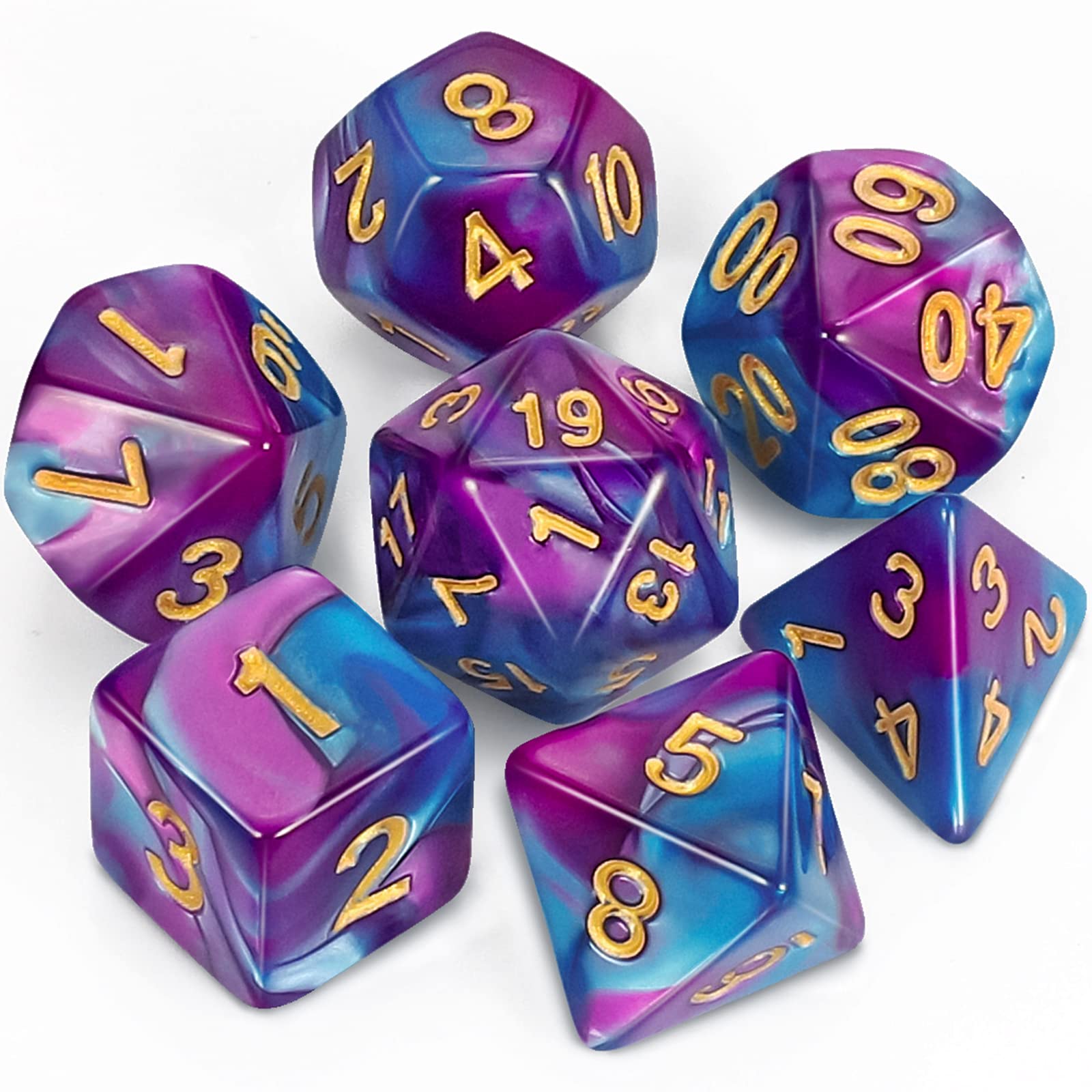 QMAY DND Dice Polyhedral Dice Set - 7 Pieces for Dungeon and Dragons MTG RPG D&D D20, D12, D10, D%, D8, D6, D4 (Blue and Purple) — image 1