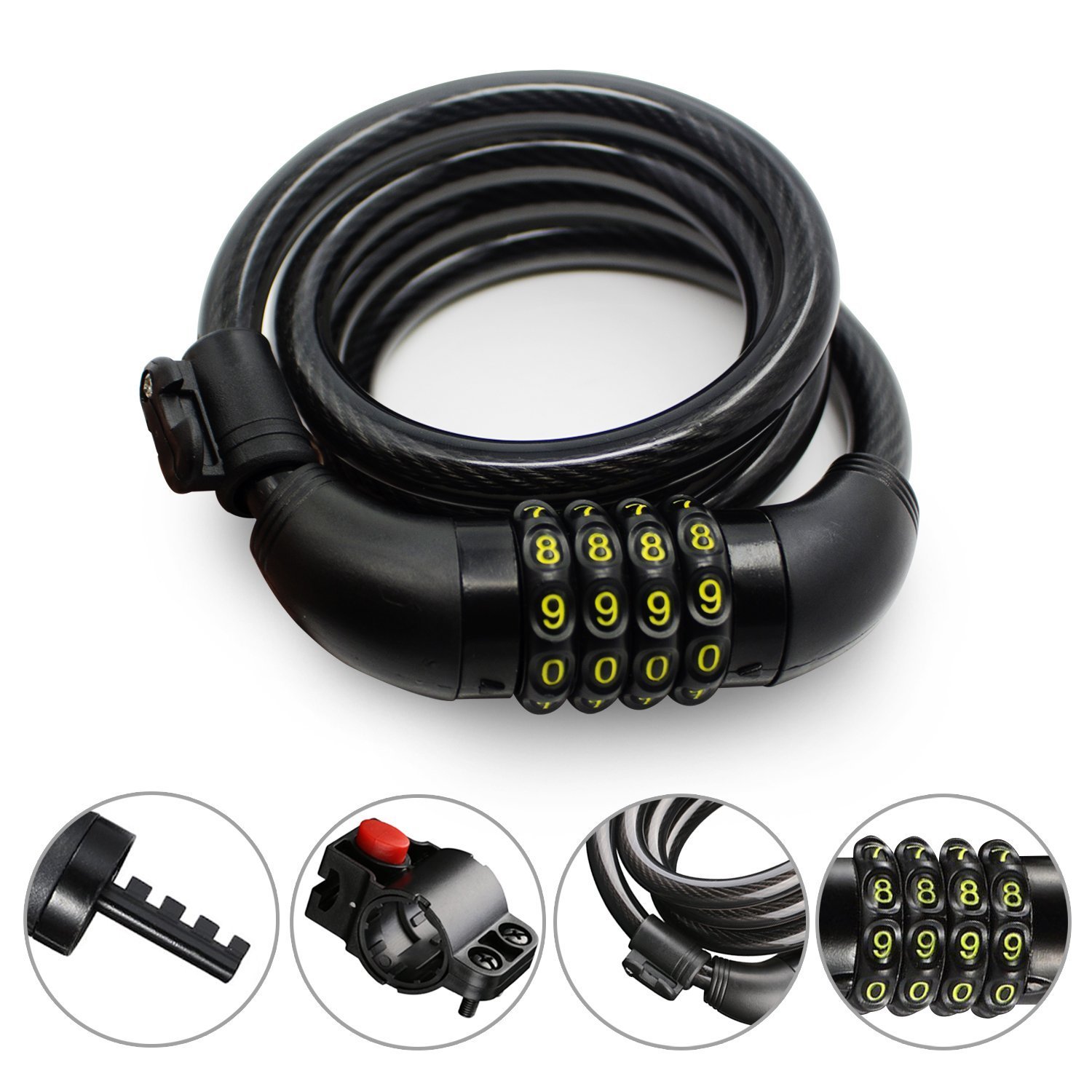 roadwi Bike Lock Cable, Resettable 4-Feet Security Cable Lock Combination Self Coiling Bicycle Lock Cable with Complimentary Mounting Bracket 4 Feet x 1/2 Inch By