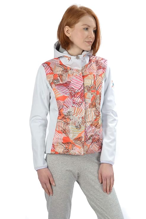 Stayer Damen Winter Softshell-Jacke Thermo-Jacke mit Kapuze Roll-Kragen Weiß bunt Muster Orange und Blau