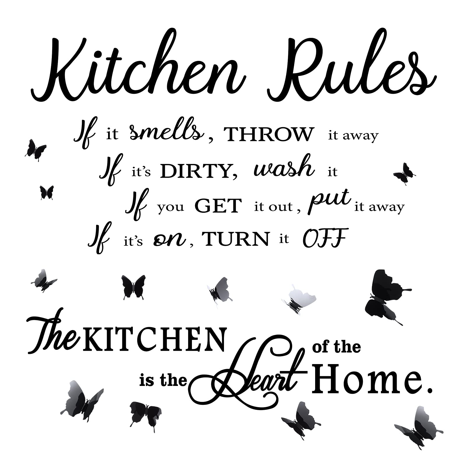 Tenare 15Pcs Kitchen Wall Stickers Decals Quotes Kitchen Rules Vinyl Wall Decals with Black Butterfly Decor Art Removable Sticker for Home Dining Room