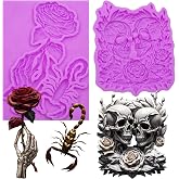 Gothic Silicone Molds, Skull and Rose Fondant Molds, 3 Pcs Skeleton Hand with Scorpion Chocolate Molds for Halloween Cake Decoration Candy Cupcake Topper Sugar Gum Paste Polymer Clay