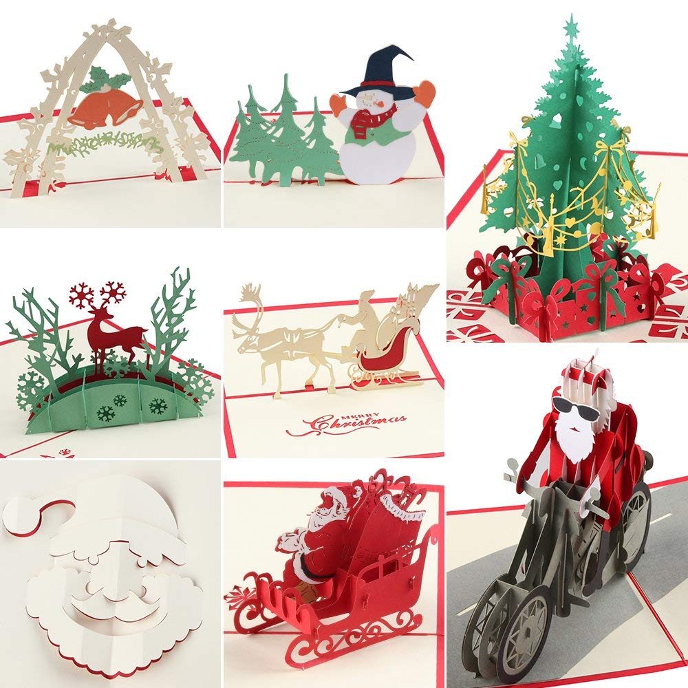 Coohom 3D Pop Up Christmas Card with Envelope Set of 8 - Handmade Paper Craft Get Well Soon Cut out Greeting Card for New Year - Feature Xmas Tree,Snowman,Reindeer and Bell