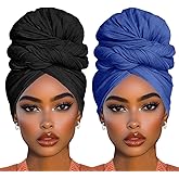 COOKOO 2 Piece Long Solid Color Stretch Head Wrap Jersey Turban Fashion Head Scarf Ultra Soft Extra Long Head Band Lightweight Breathable Head Bands Ties for Women(Black+Denim Blue)