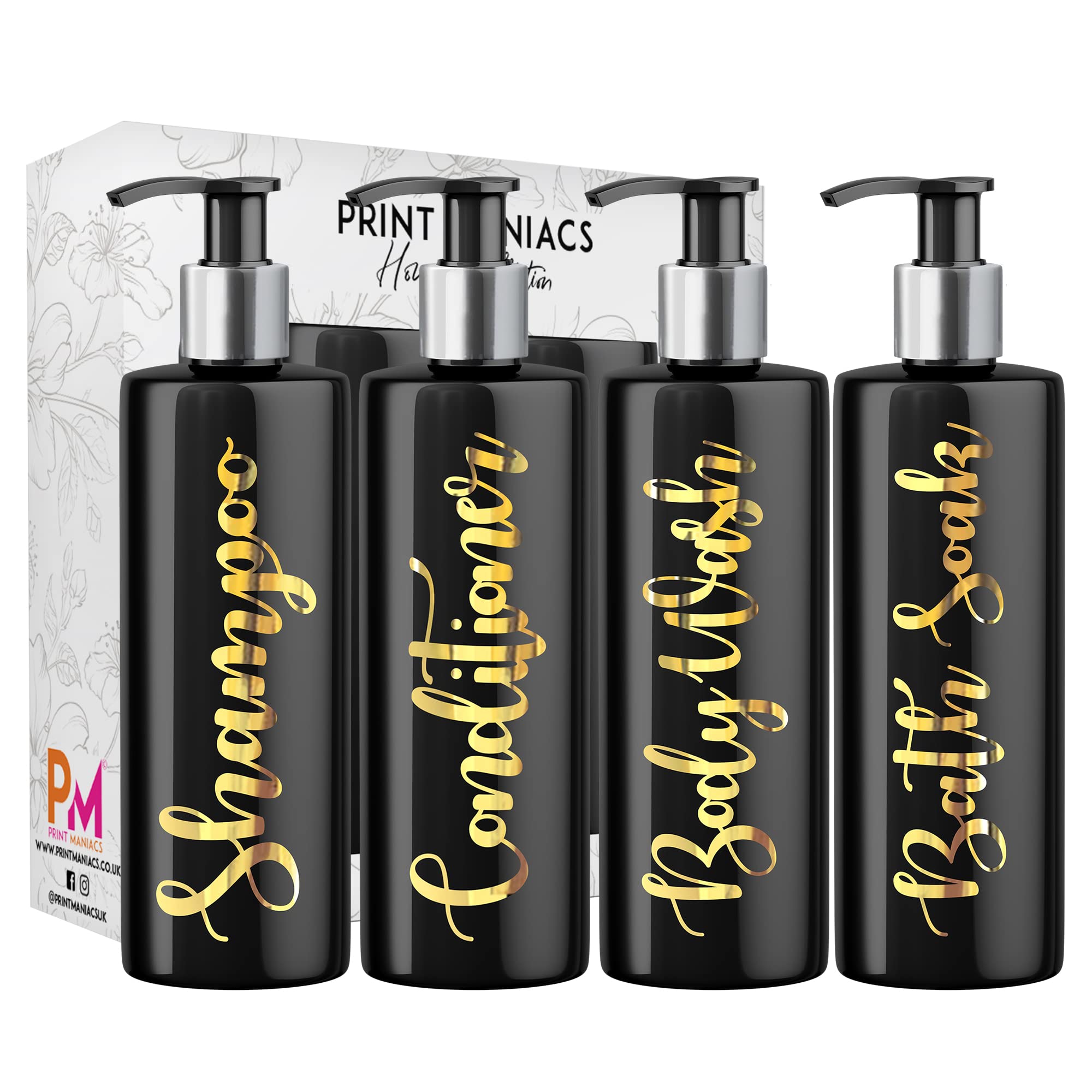 Print Maniacs Mrs Hinch Inspired Black Personalised Pump Bottles Bathroom Kitchen Set Shampoo Conditioner (Gold)