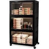 TIMBERHIDE Collapsible Storage Bins with Lids&amp;Wheels-192QT(48Gal) | Stackable Plastic Containers with Doors,Heavy-Duty Foldable Organizer Bins for Home,Office,Books,Black,3-Pack