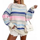 Saodimallsu Womens Striped Sweater Color Block Crew Neck Long Sleeve Fall Colorful Rainbow Knit Loose Pullover Top