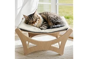 GreenPetopia Cat Hammock Bed, Wooden Elevated Cat Beds with Natural Sisal Scratching Mat, Cats Scratcher Bed with Removable Soft Cushion, Cats Scratching Beds with Wood Frames, 22" L x 17.7" W