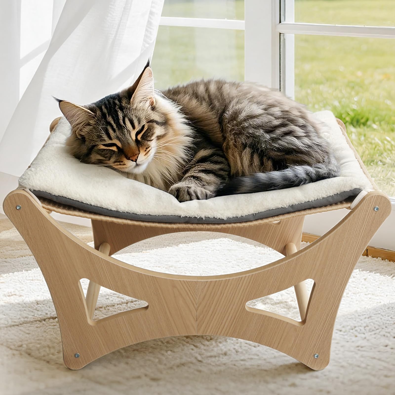 Photo 1 of GreenPetopia Cat Hammock Bed, Wooden Elevated Cat Beds with Natural Sisal Scratching Mat, Cats Scratcher Bed with Removable Soft Cushion, Cats Scratching Beds with Wood Frames, 22" L x 17.7" W