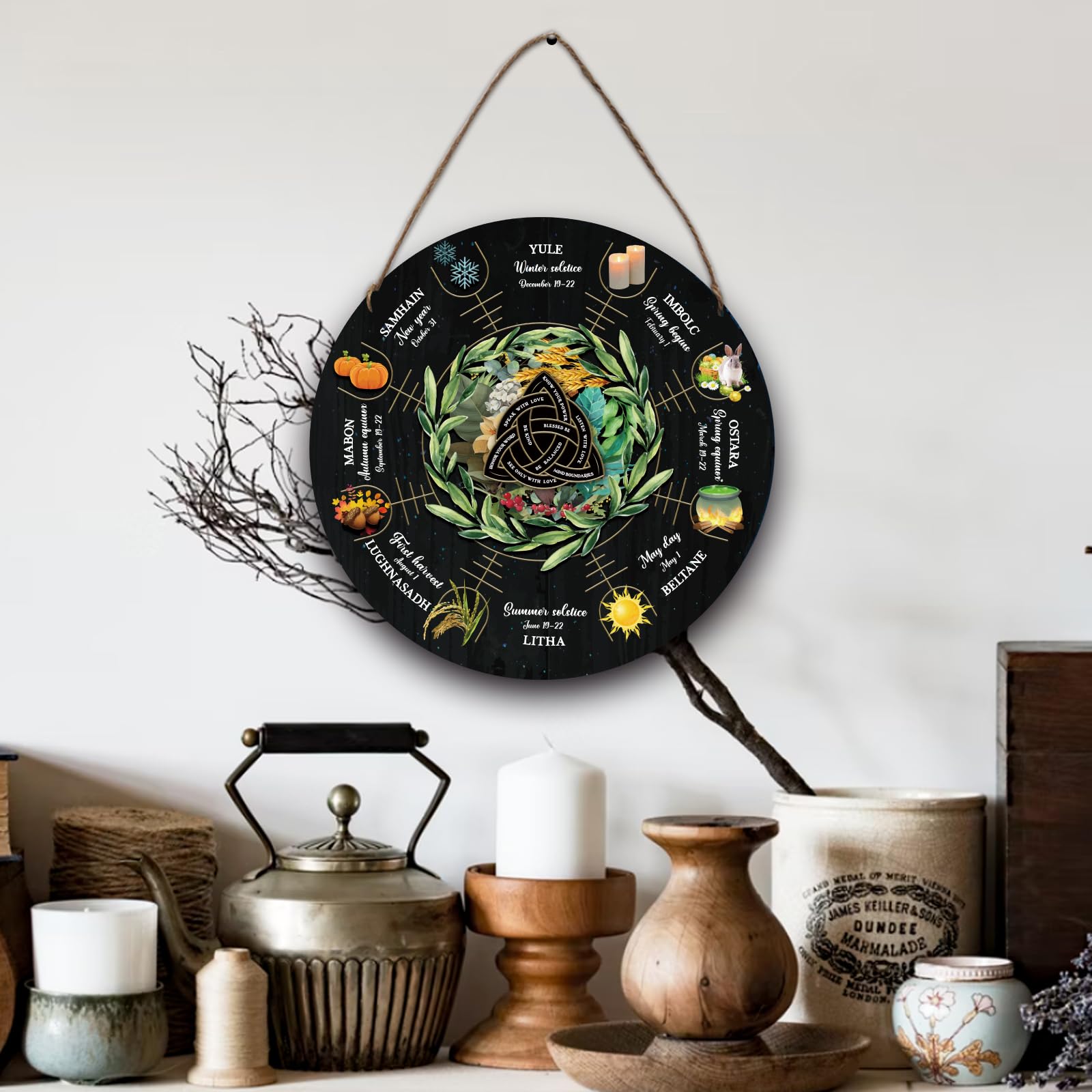NBEADS Wheel of The Year Wood Sign 30cm, Wicca Calendar Yule Altar with Knot Pattern Witches Runes Sabbats Pagan Sign for Vintage Handmade Christmas Sign Decor