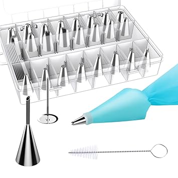 YoungRich 30 Teiliges Spritztüllen Set 24× Edelstahl Tüllen Aufsätze 1× Wiederverwendbare Silikon Spritzbeutel 1× Kopple 1× B