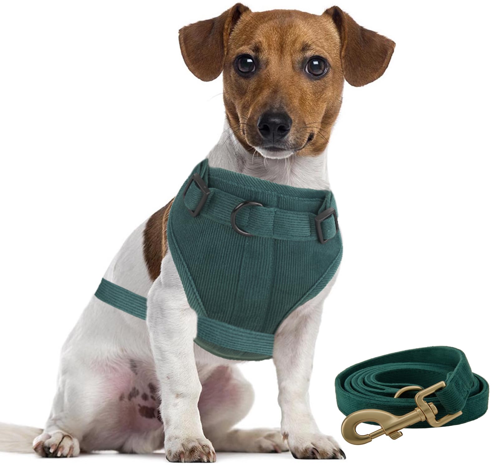 YUDOTE Dog Harness and Lead Set,Soft Corduroy and Mesh Padded Vest Harnesses with 1.5m Leash for Small Dogs with sensitive skin, Green