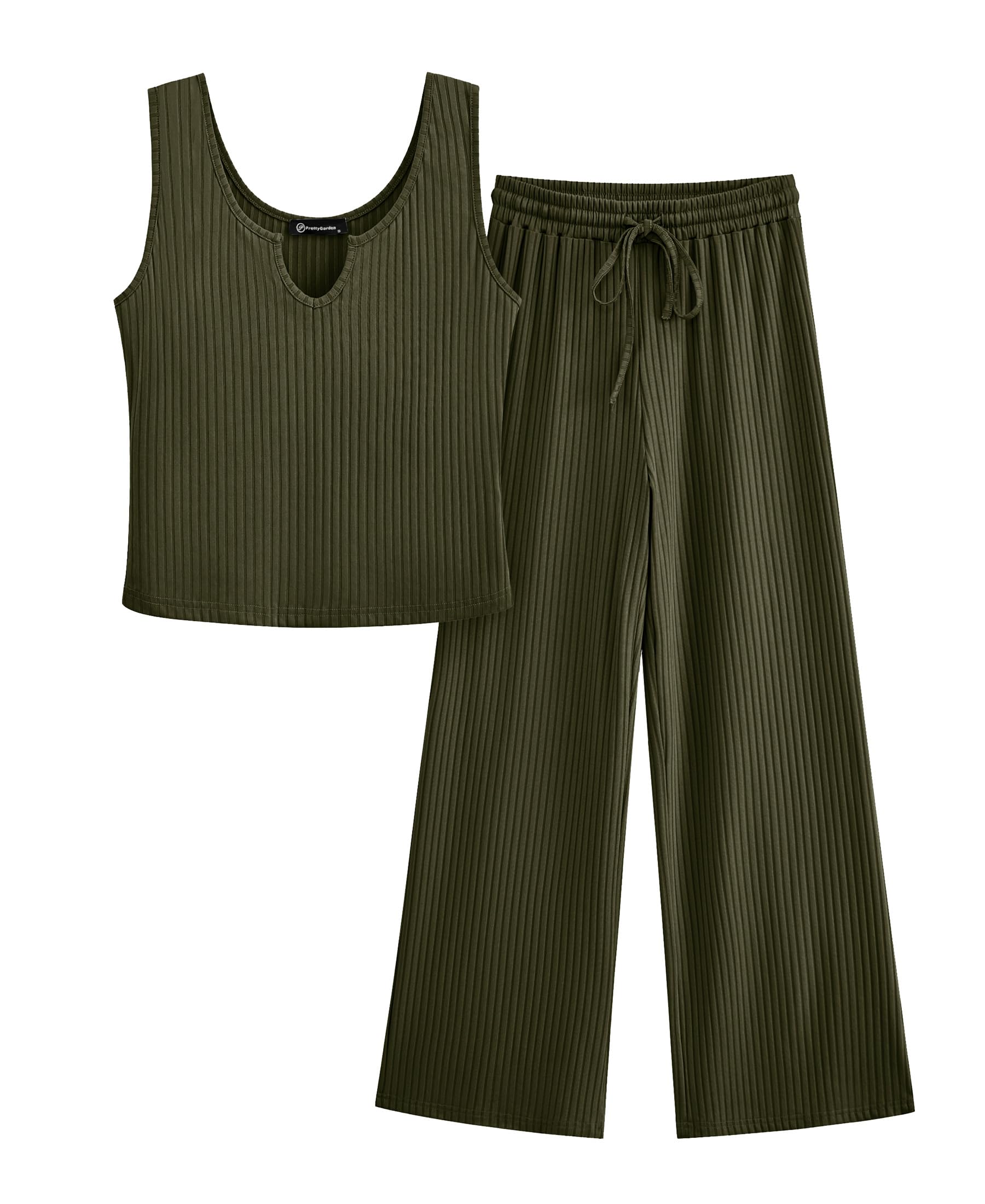 Photo 1 of PRETTYGARDEN Womens Summer Casual Two Piece Outfits Sweatsuits Tank Scoop Neck Ribbed Knit Long Pants Tracksuits(Army Green, X-Large)