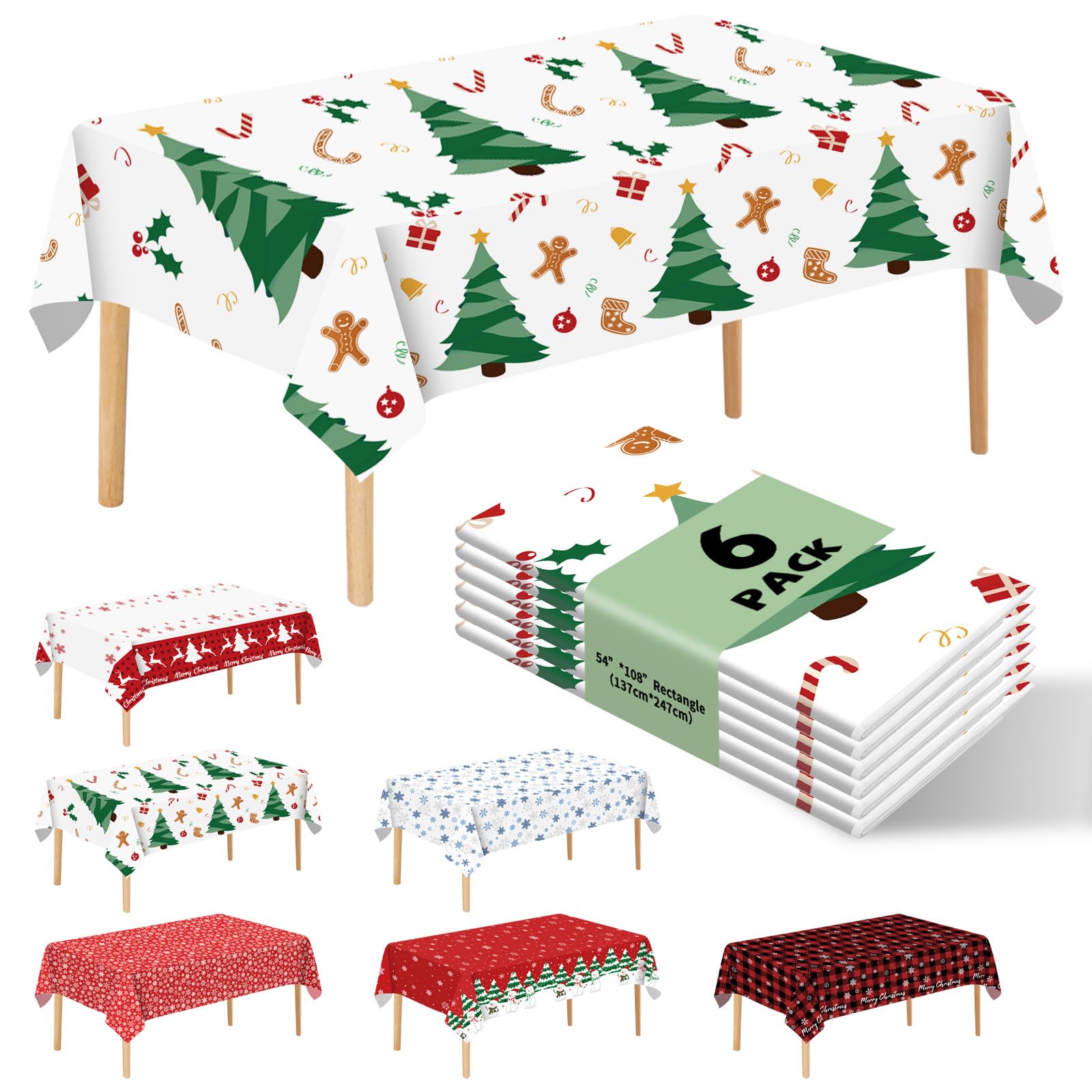 JHDZDHY 6 Pack Christmas Tree Tablecloth Disposable Plastic Tablecloth Table Cover for Christmas Party Decoration Supplies 54 x 108 Inches (Christmas Tree)