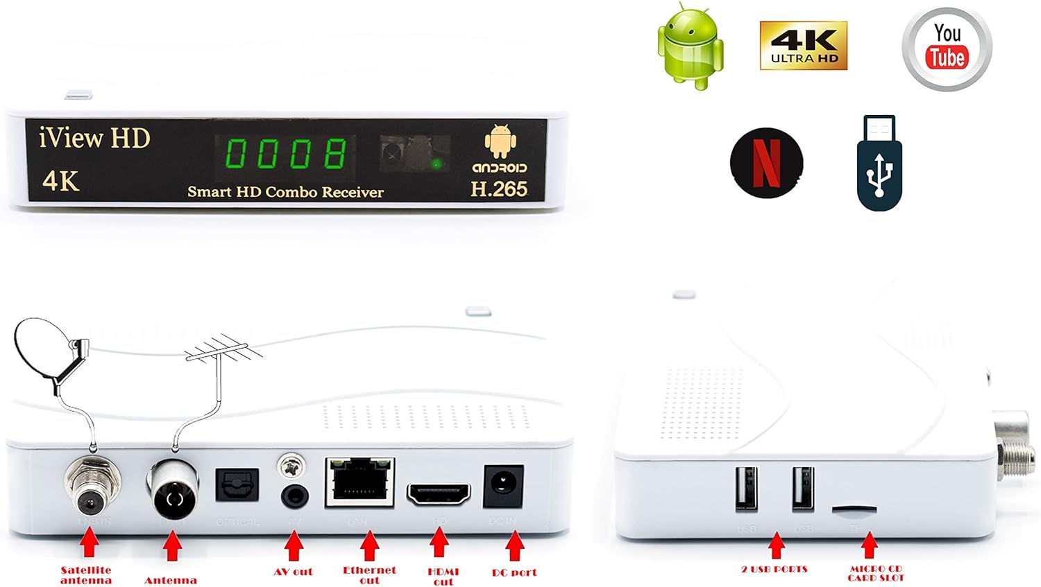 New Smart Tv 4k Android Combo Receiver Freeview Hd Quad Core H 265 Dvb T2 Android 7 1 White 5in1 Freesat Hd Set Top Box Hd Recorder Satellite Sky Box Twin Tuner Digital Terrestrial