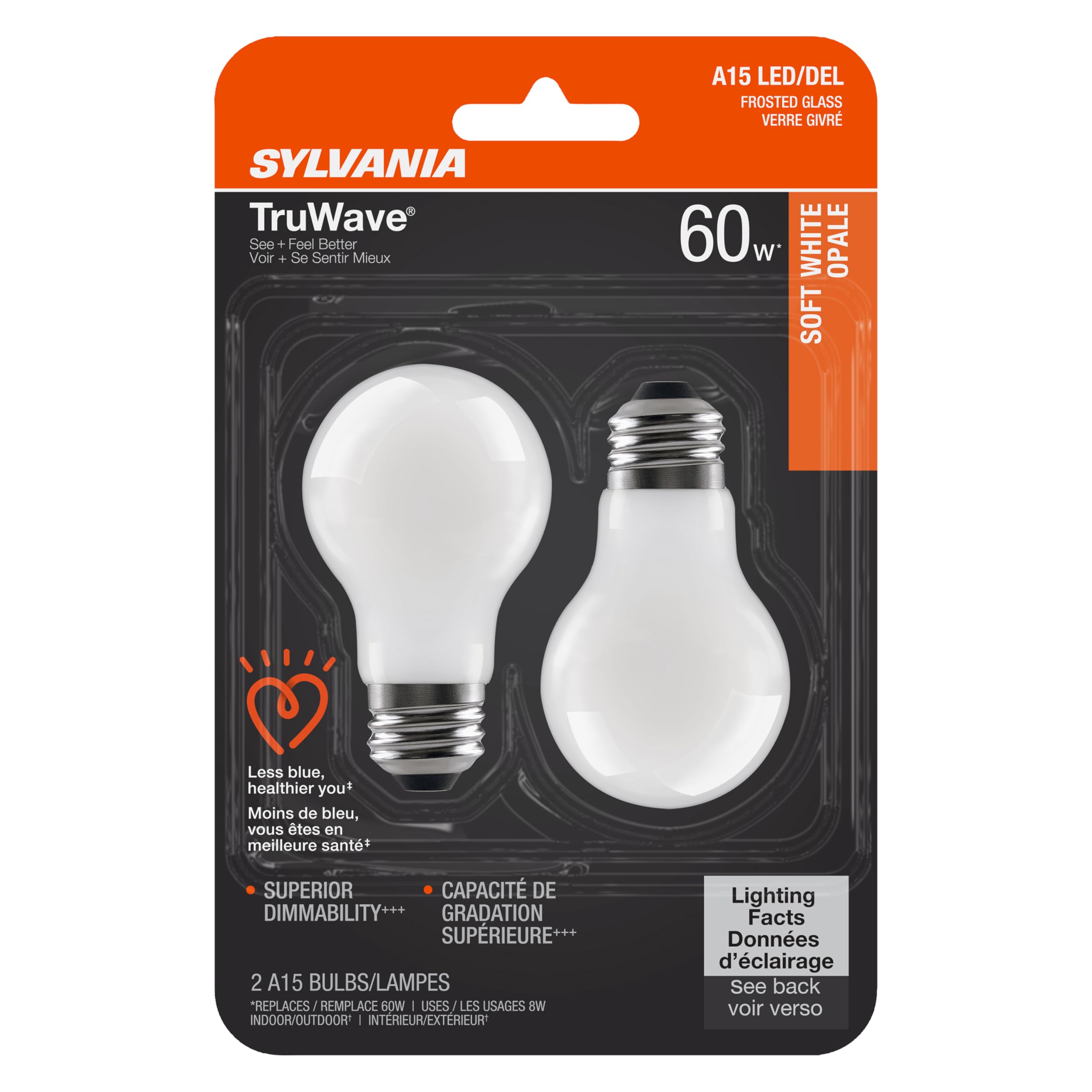 Photo 1 of SYLVANIA LED TruWave Natural Series Ceiling Fan / Fixture Light Bulb, 60W A15 Soft White Medium Base, Dimmable, Frosted - 2 Pack