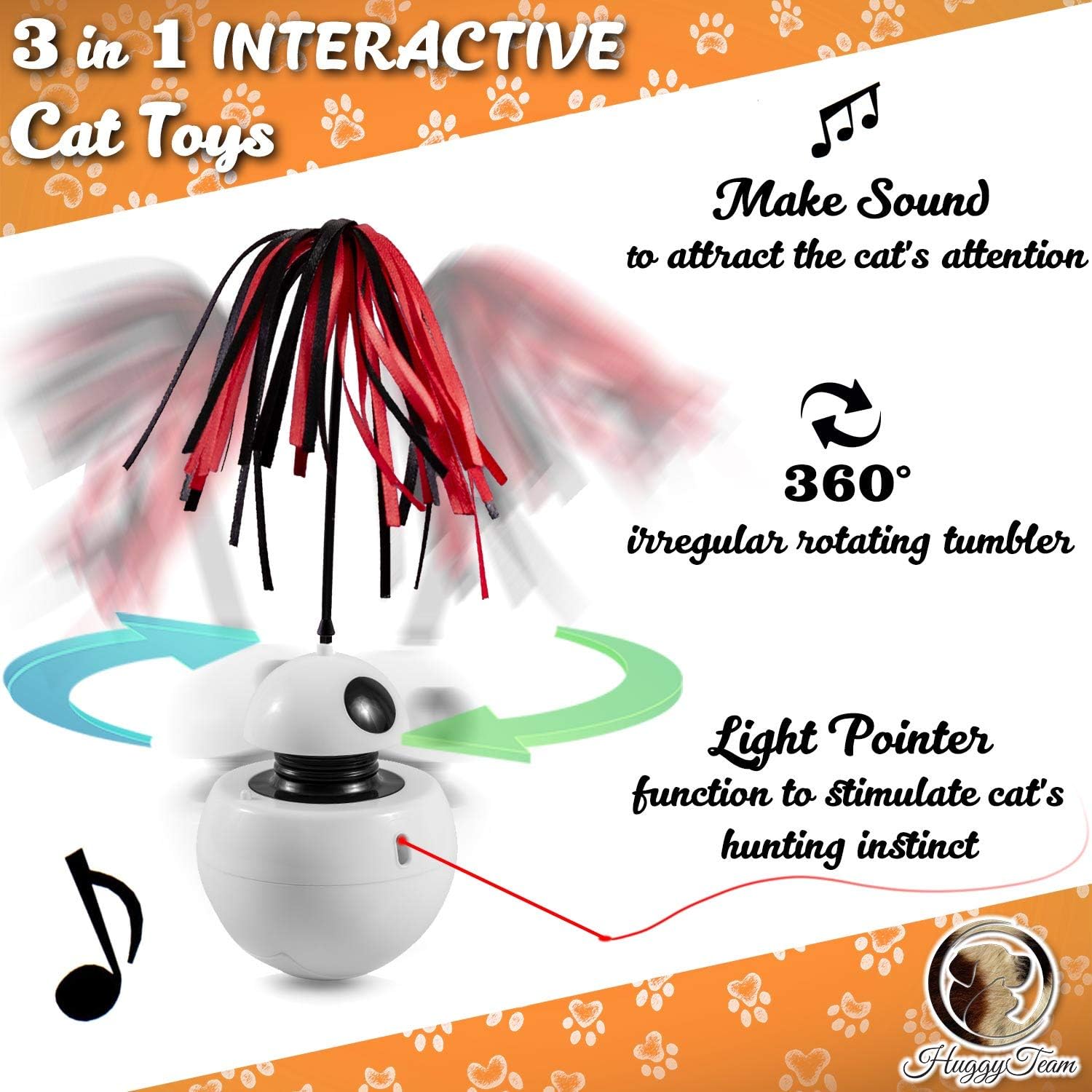 HuggyTeam Smart Interactive Cat Toy - Light Pointer for Cats, 360 Degree Self Rotating Ball, Sound, Accessory Replaceable. Free- Fish Toy. Every Detail Stimulate Hunting Instinct for Your Cats. : Pet Supplies