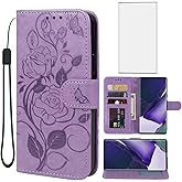 Vavies Case for Galaxy S22 Ultra/Samsung S22 Ultra 5G SM-S908U Wallet Case with Tempered Glass Screen Protector, Flower Leather Flip Credit Card Holder Stand Cover for Samsung Galaxy S22 Ultra Purple
