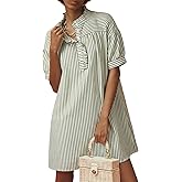 BLENCOT Womens Button Down Shirt Dresses Casual Striped Cotton Stand Collar Ruffle Puff Sleeve Summer Mini Dress