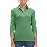Corna Women's 3/4 Sleeve Golf Polo Shirts UPF 50+, V Neck Mositure Wicking Performance Sports Collared Shirt Office Work Tops