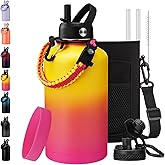 BENZZO 64 oz Water Bottle Insulated - Keep Cold 48H & Hot 24H, Half Gallon Water Jug with Paracord Handle, Straw Spout Lids, Stainless Steel Flask Canteen, Large Water Bottle for Women Men Work Sport