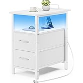 Vagusicc White Nightstand with Charging Station and LED Lights, Narrow Side Table, LED Night Stand with 2 Fabric Drawers, Bedside Table with USB Ports and Outlets, Tall Nightstand for Bedroom, White