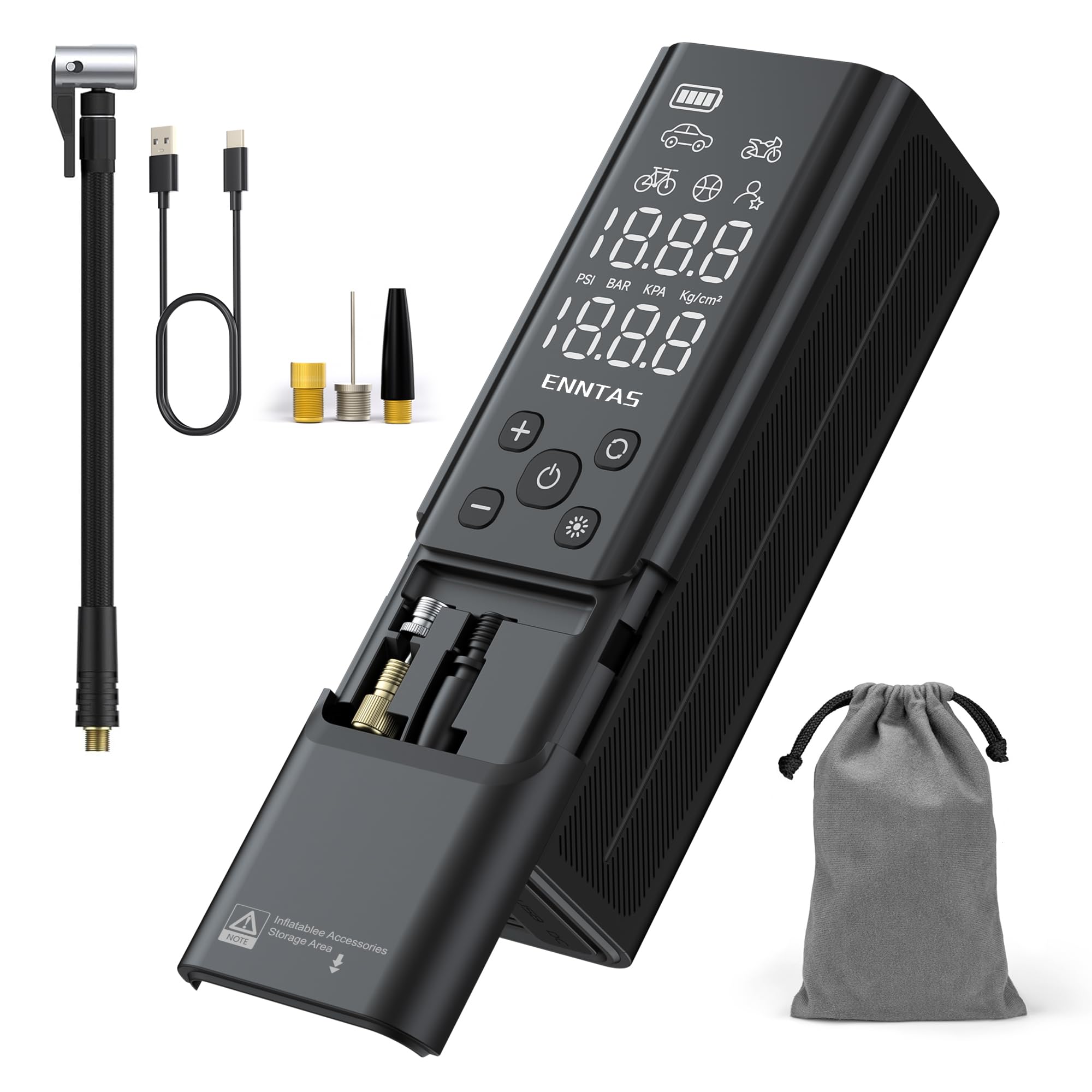 Enntas Cordless Tyre Inflator Portable Air Compressor, Car Tyre Pump Rechargeable, Mini Bike Pump 150PSI with Preset Tyre Pressure & Auto Shutoff and Fast Inflation, LED Light