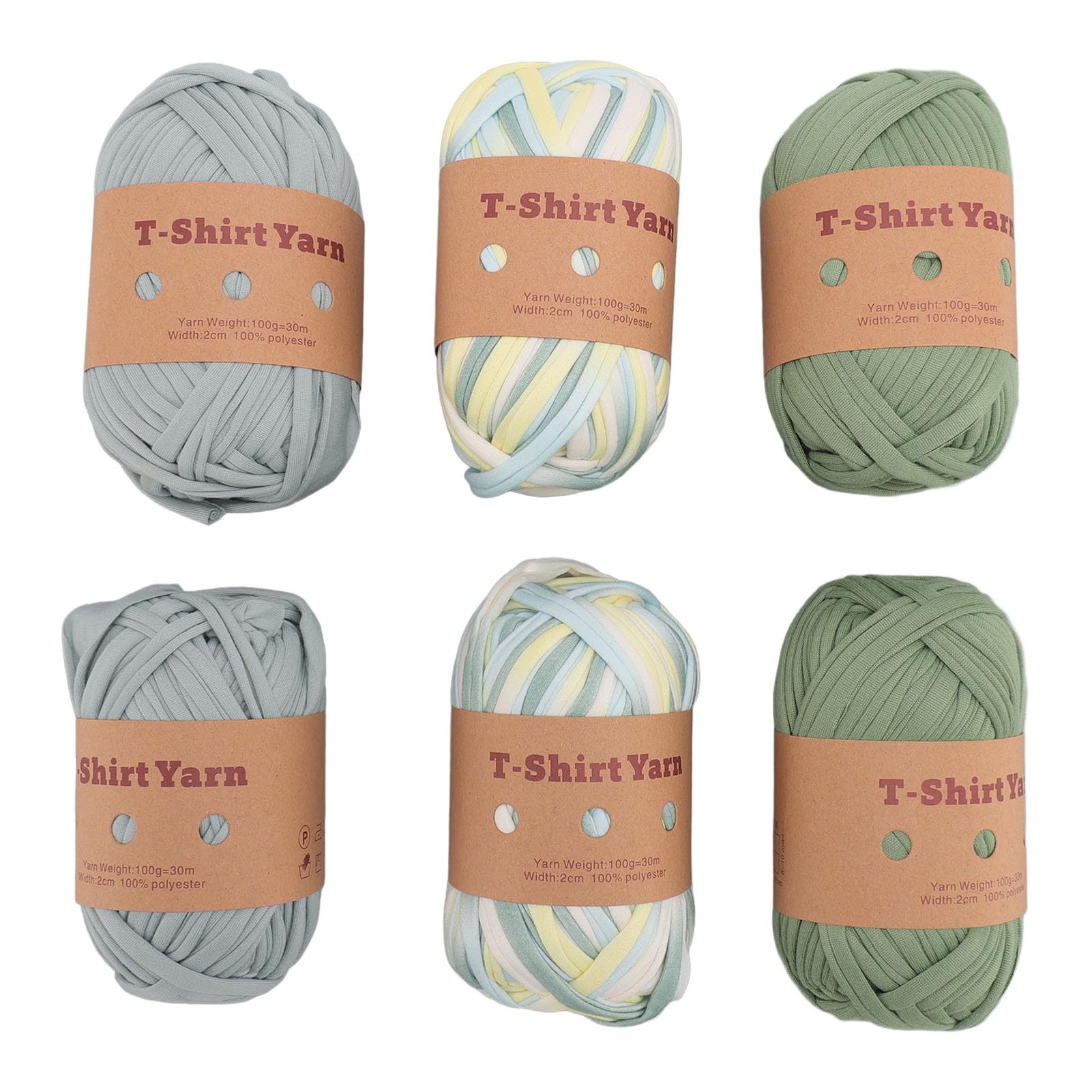 Tissting 6 Pcs T Shirt Yarn, 180m/600g Elastic Ribbon Yarn Thick Crochet Fabric Yarn for Crocheting, Gray Green Polyester Fabric Ribbon for Crochet Bag Blanket Rugs DIY Projects