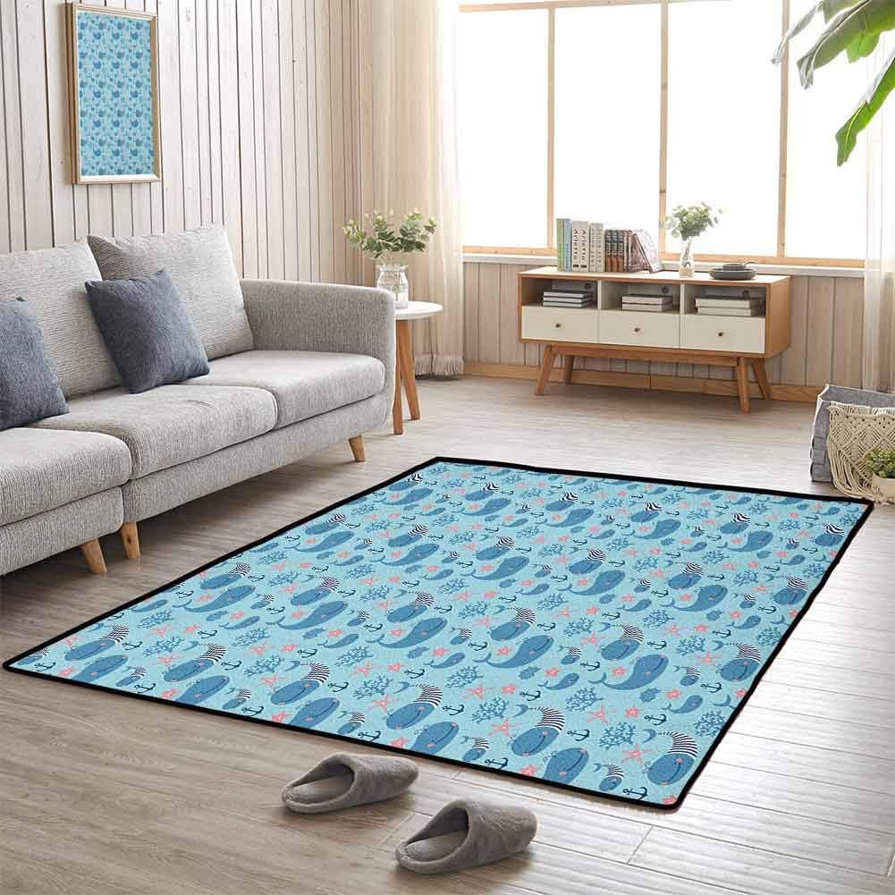 Decor Rug, Durable Non Skid Rug Fashions Natural Style for Bedroom Floor, Whale | Happy Smiling Sea Animals with Coral Reef Anchor Starfish and Shells - 5'x8' Pale Blue Navy Blue Coral